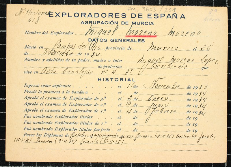 Ficha personal del explorador Miguel Moreno Moreno