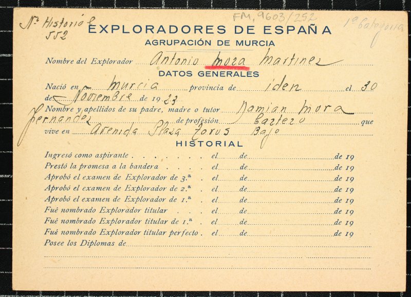 Ficha personal del explorador Antonio Mora Martínez