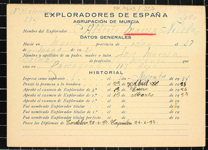 Ficha personal del explorador Alberto Murcia Nicolás