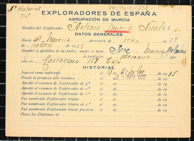 Ficha personal del explorador Antonio Murcia Nicolás