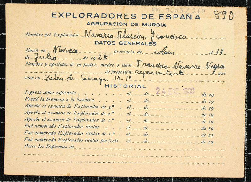 Ficha personal del explorador Francisco Navarro Alarcón