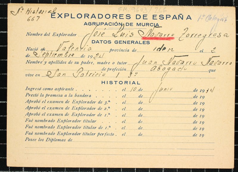 Ficha personal del explorador José Luis Navarro Torregrosa