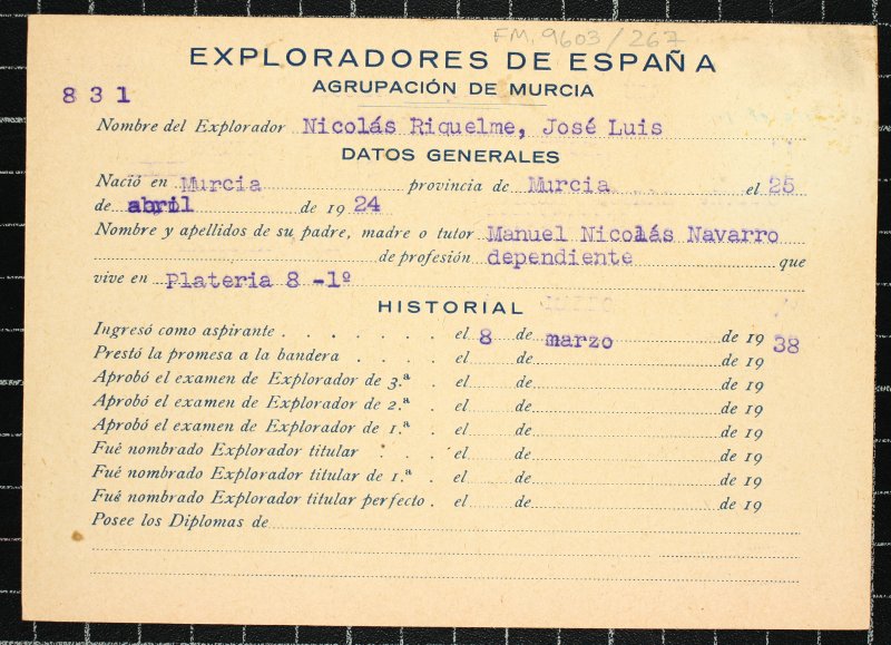 Ficha personal del explorador José Luis Nicolás Riquelme