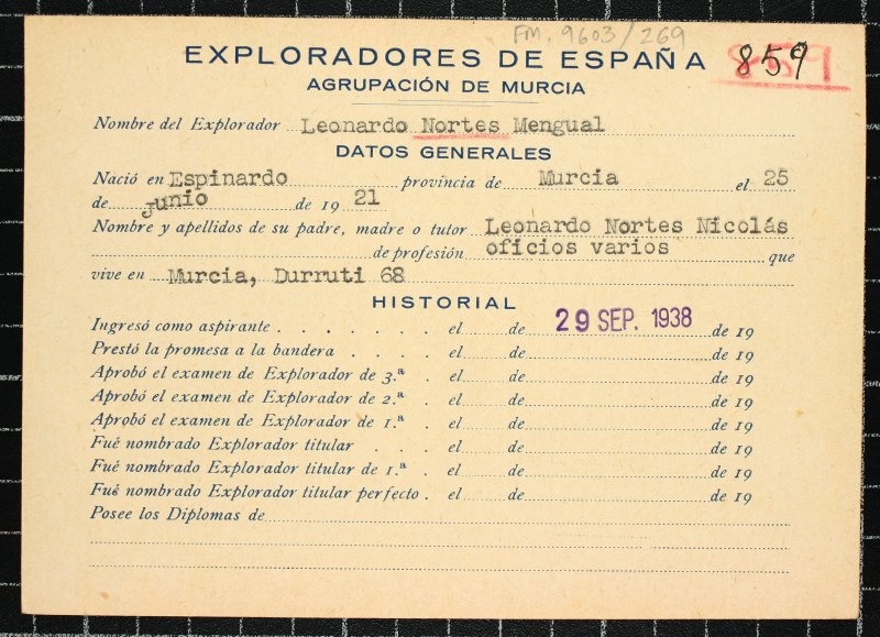 Ficha personal del explorador Leonardo Nortes Mengual