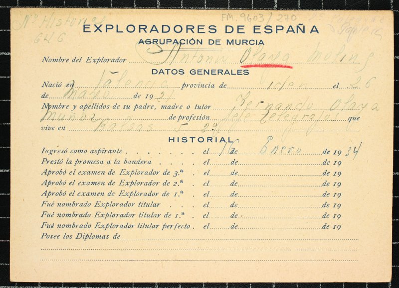 Ficha personal del explorador Antonio Olaya Molins