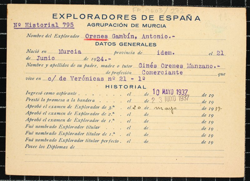 Ficha personal del explorador Antonio Orenes Gambín