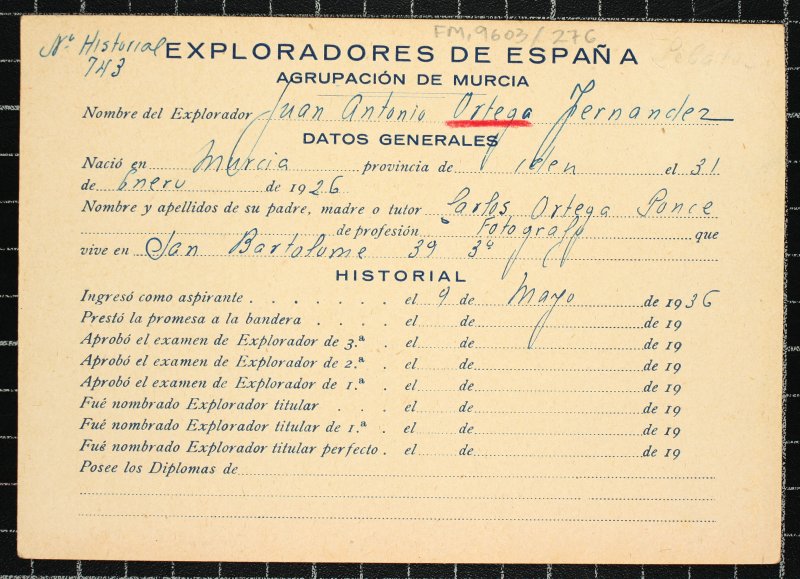 Ficha personal del explorador Juan Antonio Ortega Fernández