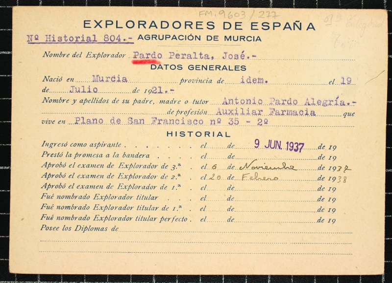 Ficha personal del explorador José Pardo Peralta
