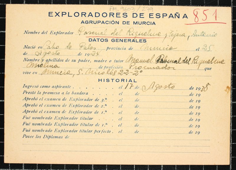 Ficha personal del explorador Antonio Pascual del Riquelme y Tejera