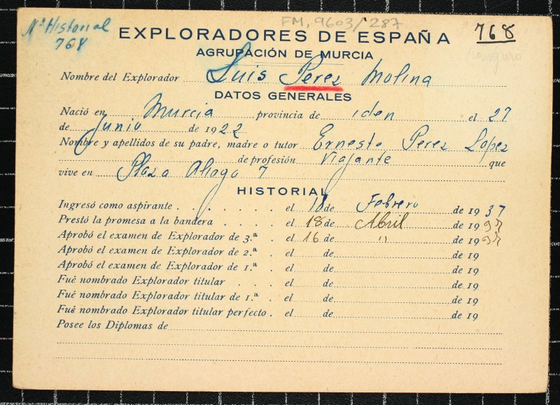Ficha personal del explorador Luis Pérez Molina