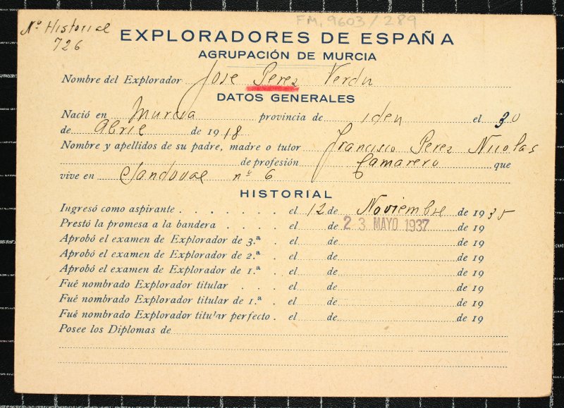 Ficha personal del explorador José Pérez Verdú