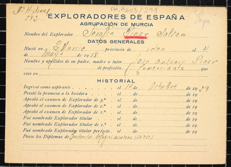 Ficha personal del explorador Serafín Pinar Salvan