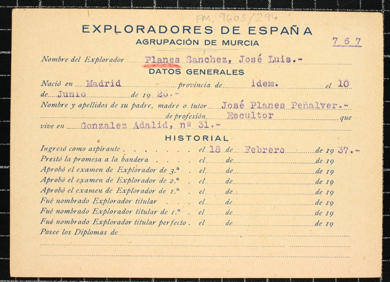 Ficha personal del explorador José Luis Planes Sánchez