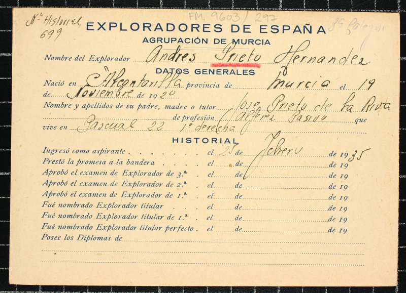 Ficha personal del explorador Andrés Prieto Hernández