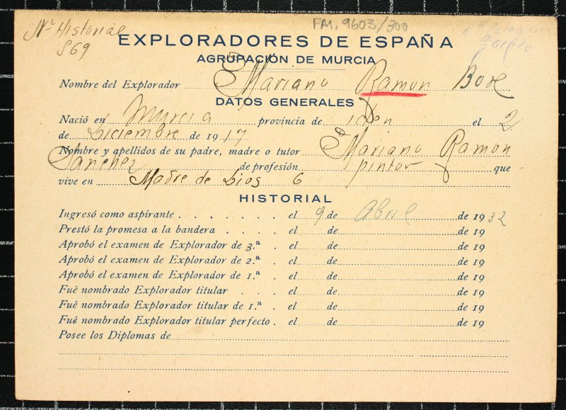 Ficha personal del explorador Mariano Ramón Box