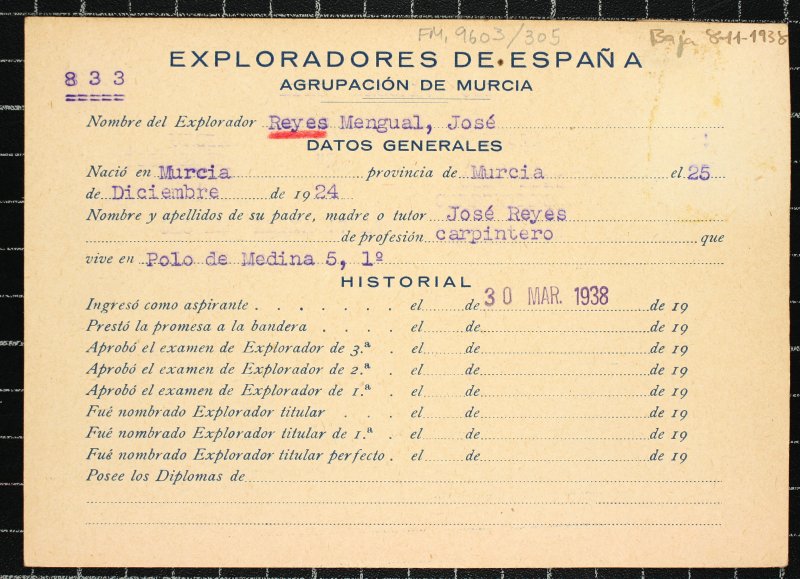 Ficha personal del explorador José Reyes Mengual