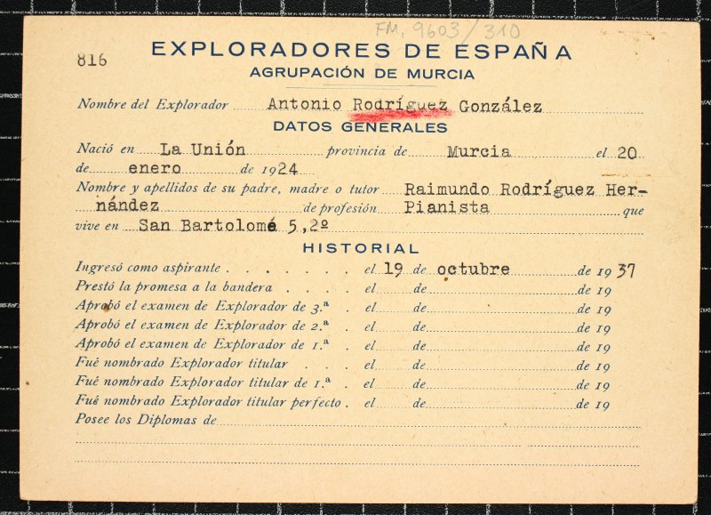 Ficha personal del explorador Antonio Rodríguez González