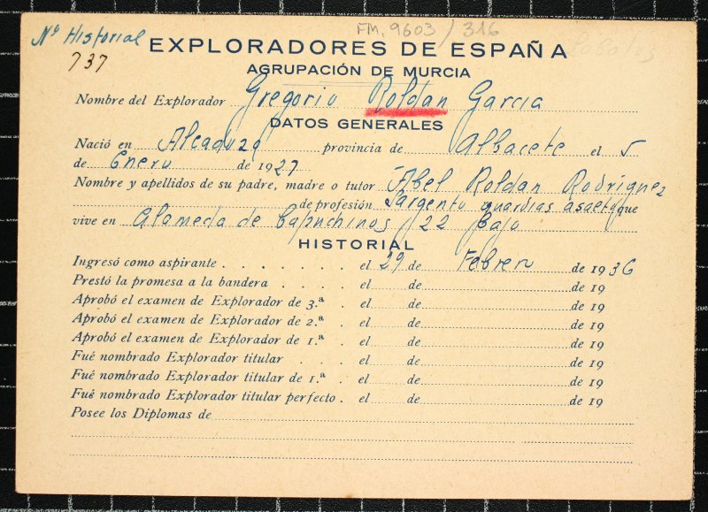Ficha personal del explorador Gregorio Roldán García