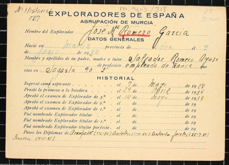Ficha personal del explorador José María Romero García