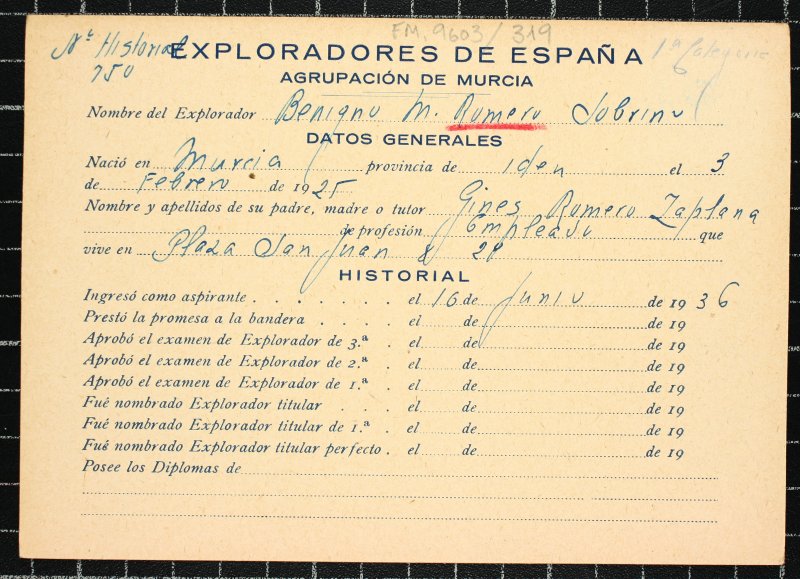Ficha personal del explorador Benigno M. Romero Sobrino