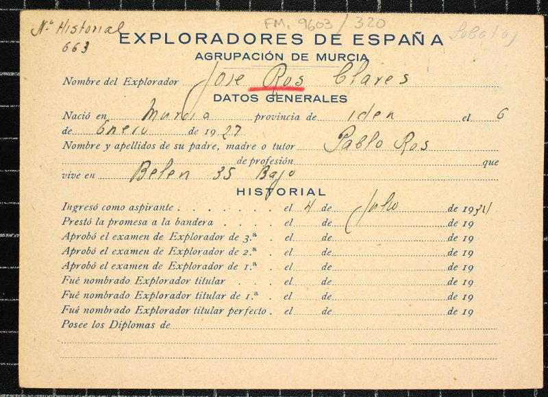 Ficha personal del explorador José Ros Clares