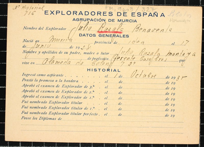 Ficha personal del explorador Julio Ruzafa Benavente
