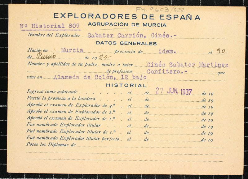 Ficha personal del explorador Ginés Sabater Carrión
