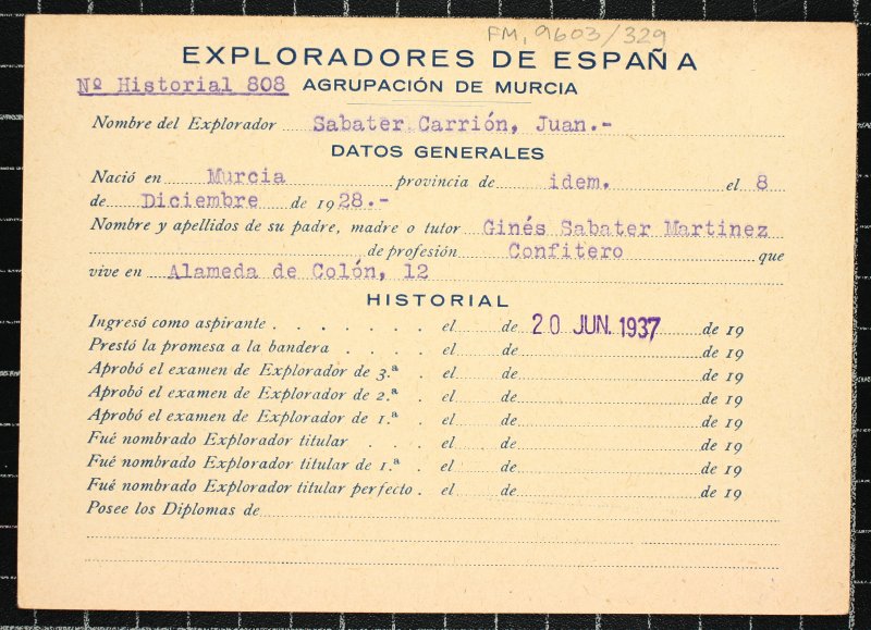 Ficha personal del explorador Juan Sabater Carrión