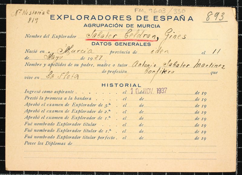 Ficha personal del explorador Ginés Sabater Celdrán