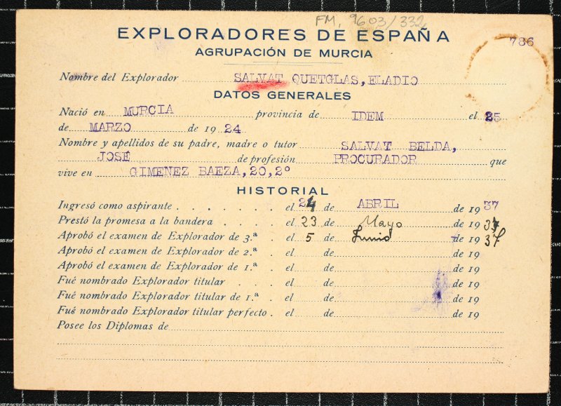 Ficha personal del explorador Eladio Salvat Quetglas
