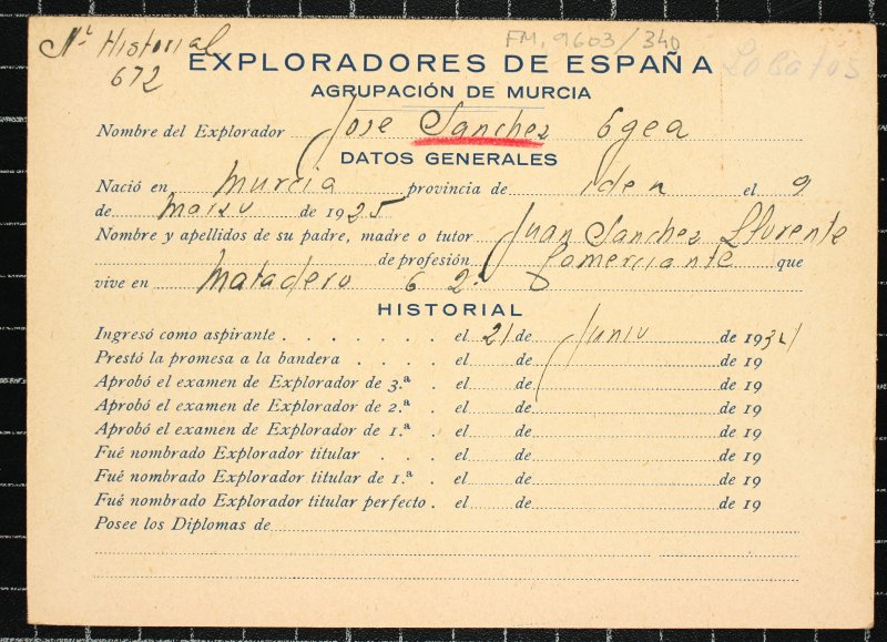 Ficha personal del explorador José Sánchez Egea
