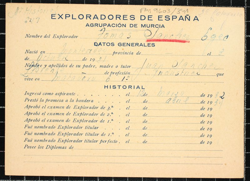 Ficha personal del explorador Tomás Sánchez Egea