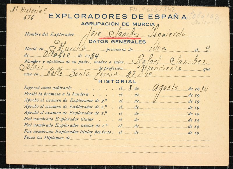 Ficha personal del explorador José Sánchez Izquierdo