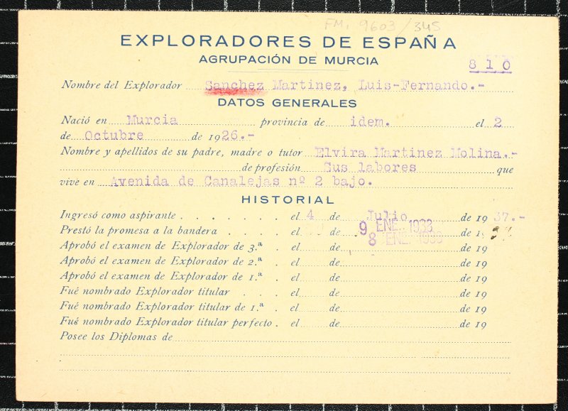 Ficha personal del explorador Luis Fernando Sánchez Martínez