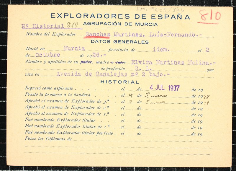 Ficha personal del explorador Luis Fernando Sánchez Martínez
