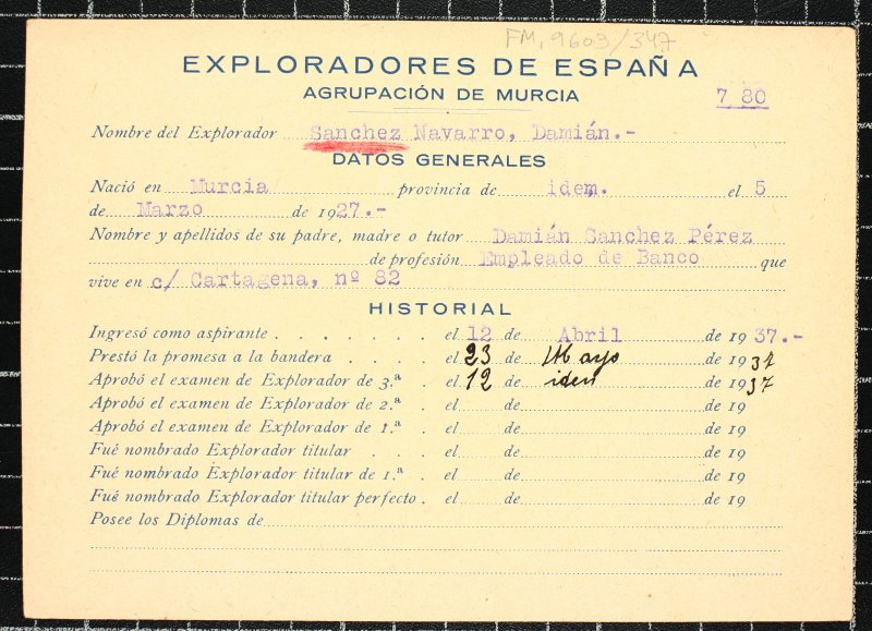 Ficha personal del explorador Damián Sánchez Navarro