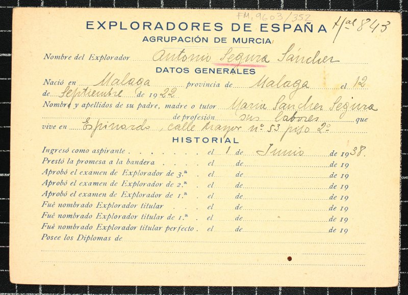Ficha personal del explorador Antonio Segura Sánchez