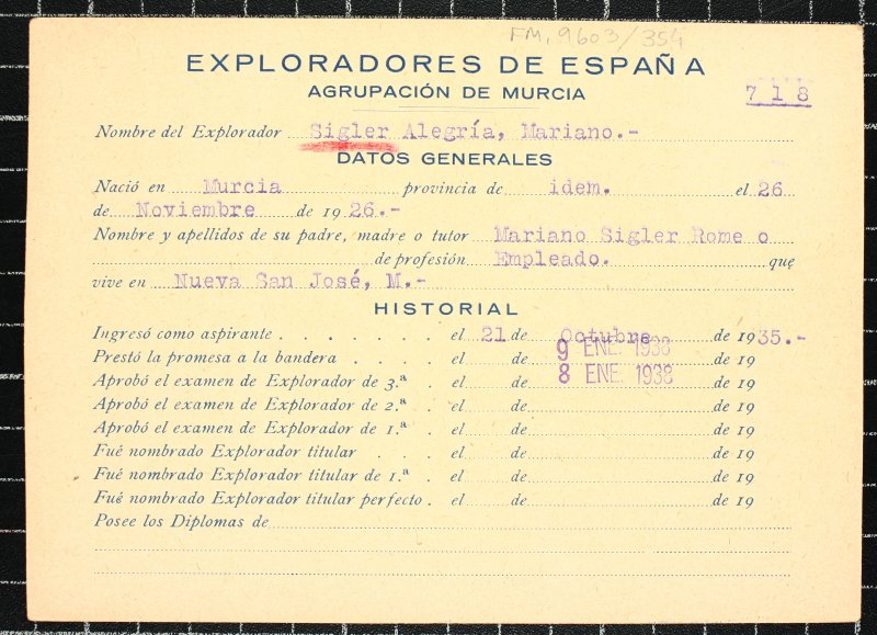 Ficha personal del explorador Mariano Sigler Alegría