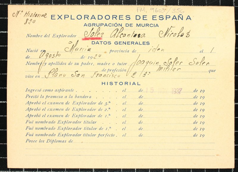 Ficha personal del explorador Nicolás Soler Alcántara