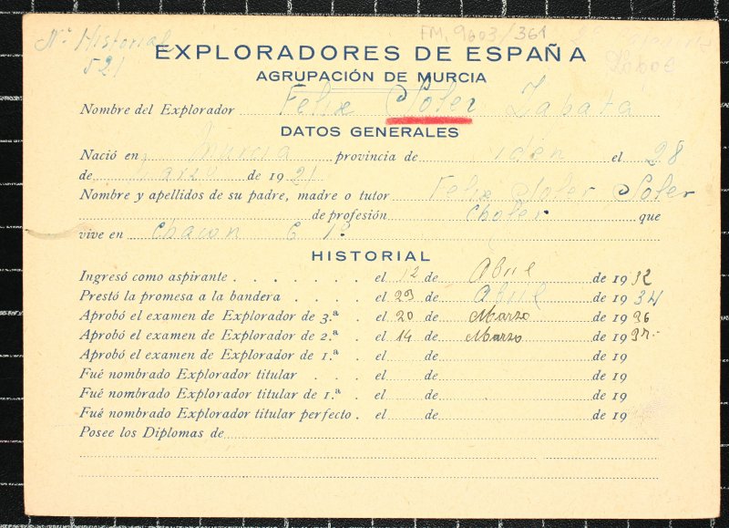 Ficha personal del explorador Félix Soler Zapata