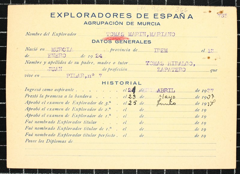 Ficha personal del explorador Mariano Tomás Marín