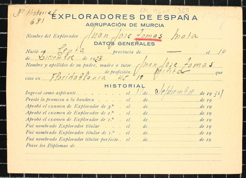 Ficha personal del explorador Juan José Tomás Mata
