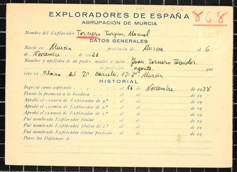 Ficha personal del explorador Manuel Tornero Turpín