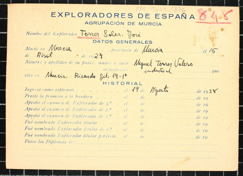 Ficha personal del explorador José Torres Soler