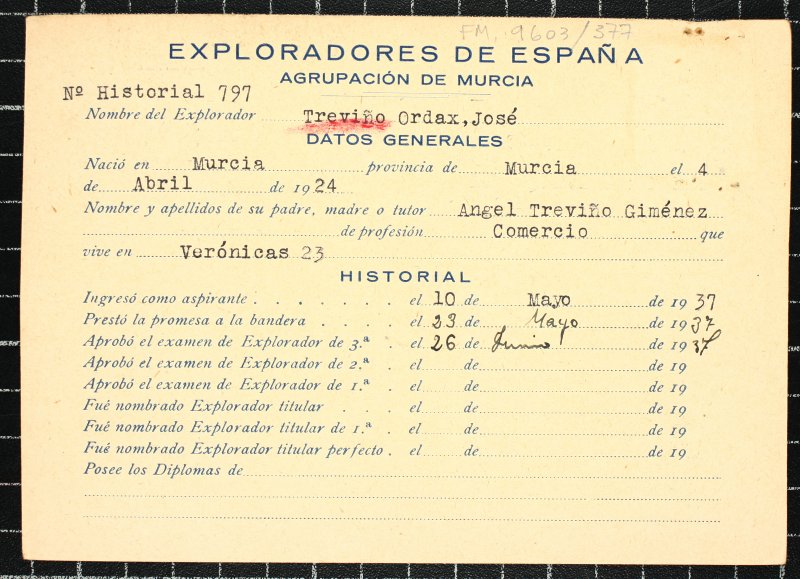 Ficha personal del explorador José Treviño Ordax