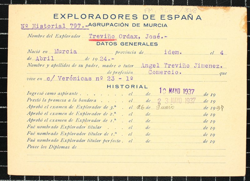Ficha personal del explorador José Treviño Ordax