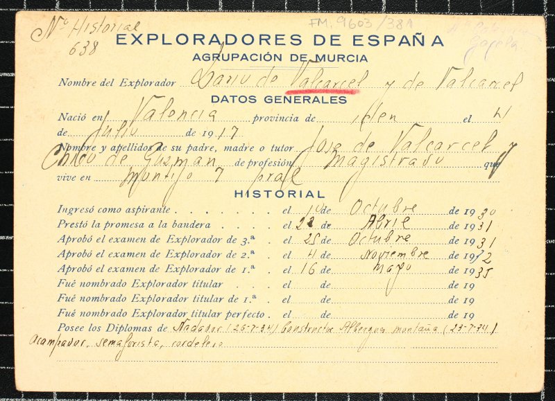 Ficha personal del explorador Darío de Valcárcel y de Valcárcel