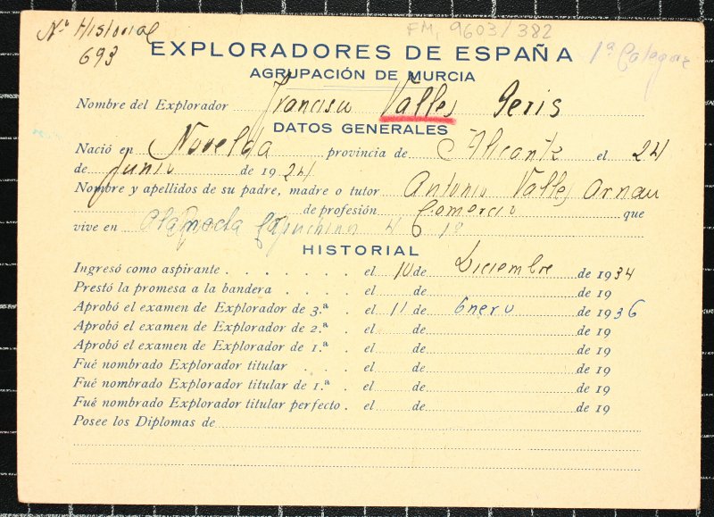 Ficha personal del explorador Francisco Valles Peris