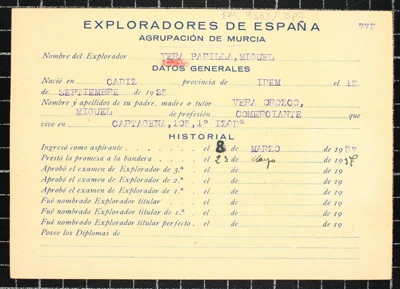 Ficha personal del explorador Miguel Vera Padilla
