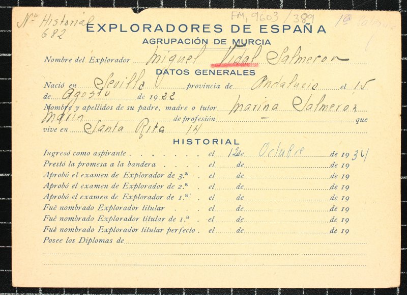 Ficha personal del explorador Miguel Vidal Salmerón